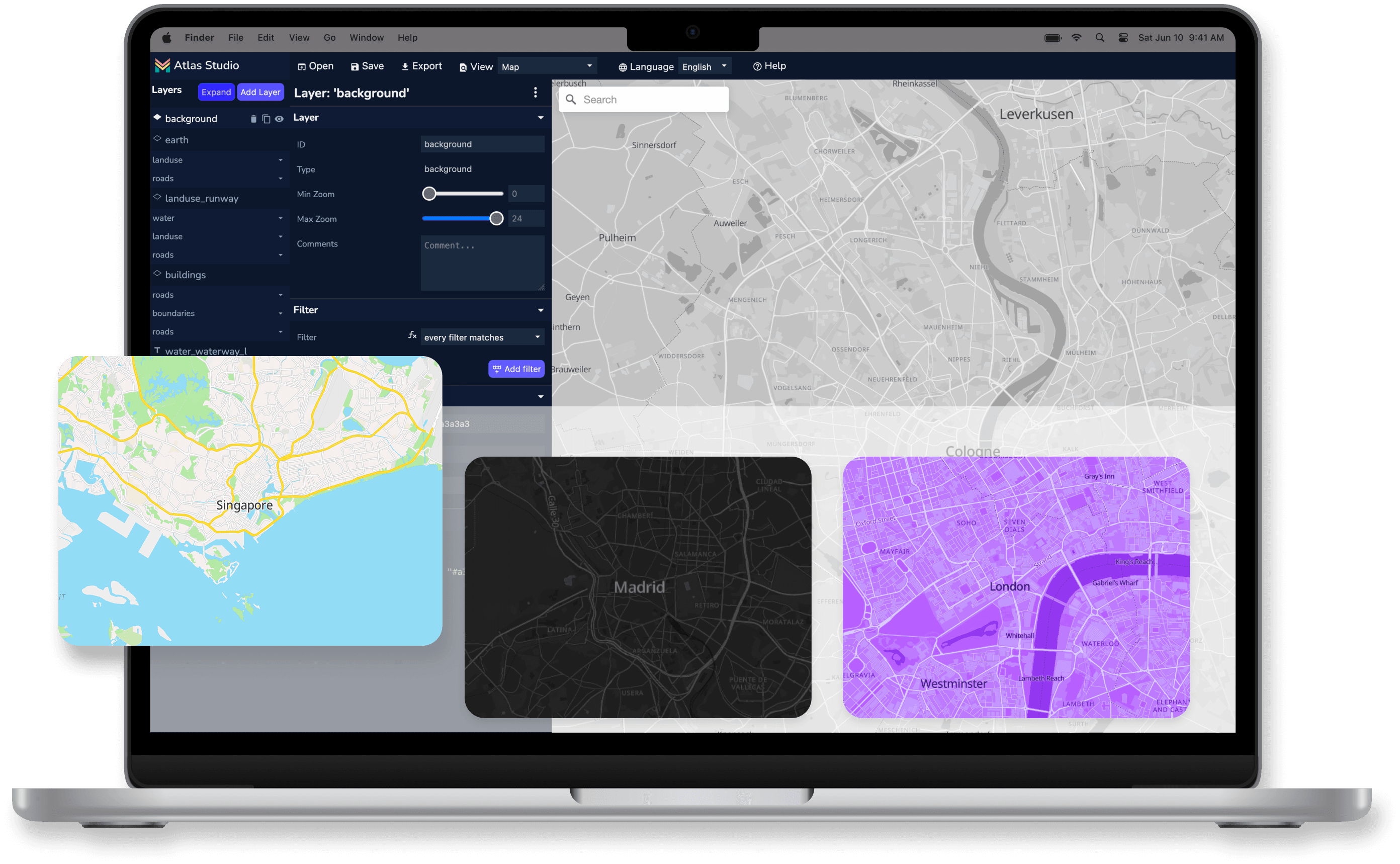 Customizable map styling interface with theme editor, color picker, and layer controls
