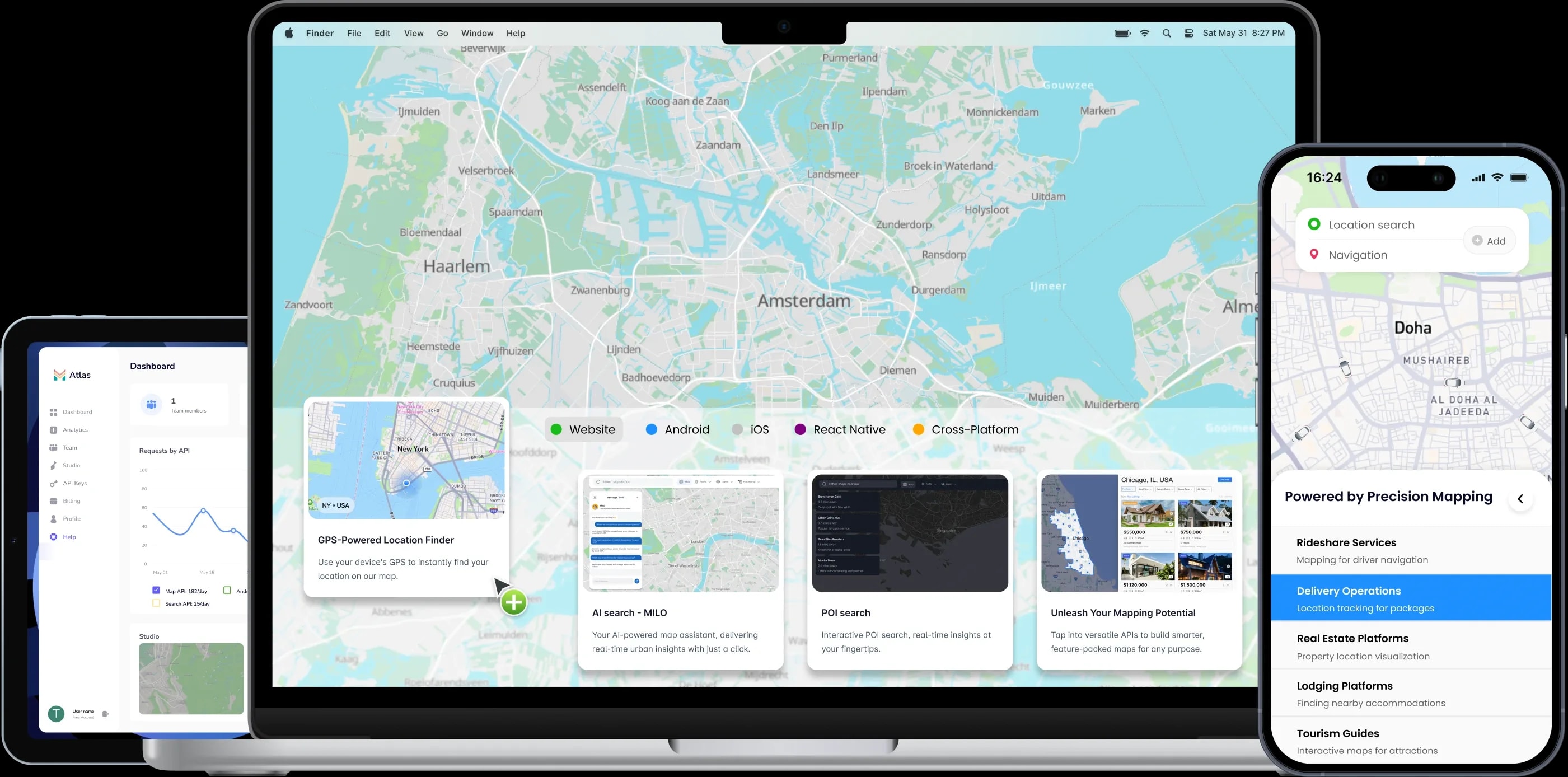 MapAtlas API dashboard showing interactive maps, routing, and geocoding features for developers