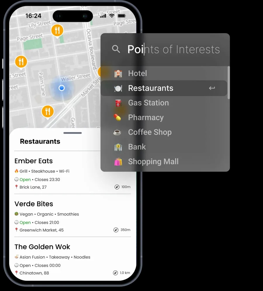 Point of interest search and discovery feature with location filtering and category browsing